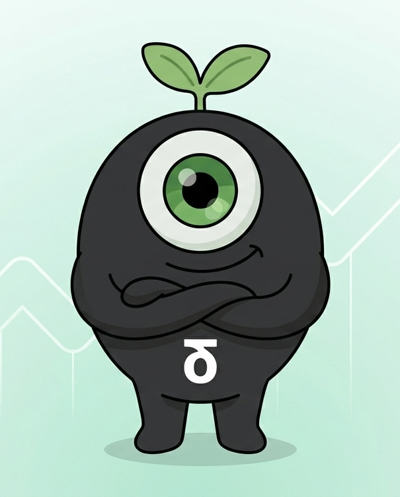 StandX mascot: a friendly one-eyed charcoal-grey creature with a green sprout on its head and a DUSD symbol on its belly, arms crossed confidently.
